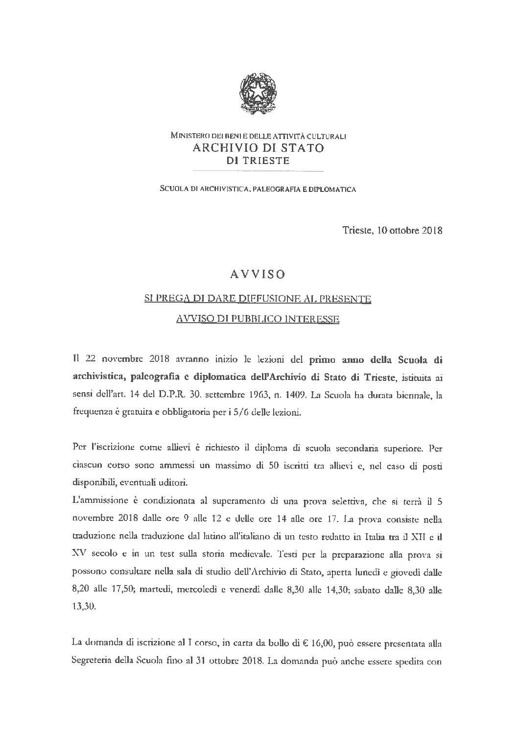 Iscrizioni alla Scuola di archivistica, paleografia e diplomatica presso l’Archivio di Stato di Trieste